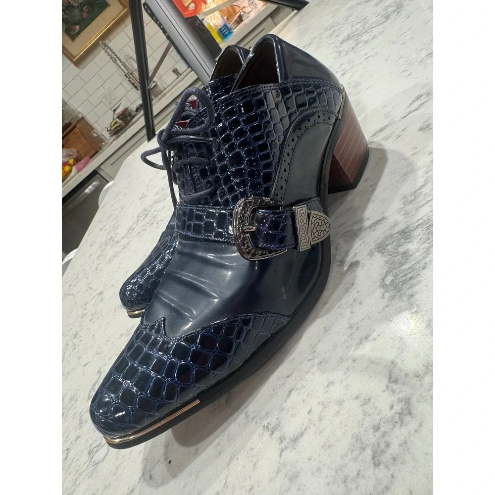 Kuuncce Mens Navy Blue Croc Embossed Buckle Dress Shoes Block Heel Size 250 JP 7